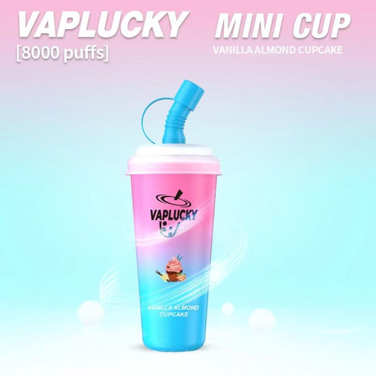 VAPLUCKY MINI CUP 8000 DEVICE – VANILLA ALMOND CUPCAKE – 5%Nic ( Rechargeable type-C )